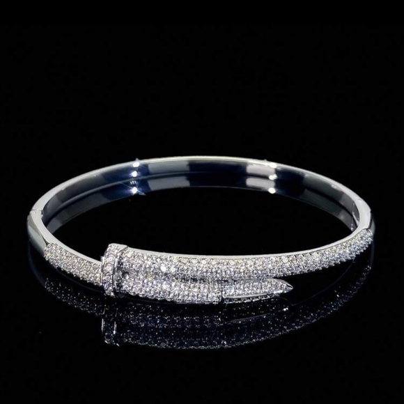 Silver Plated Stainless Steel Nail Bangle — Luxury Pave Crystal Bracelet - Picture 1 of 2